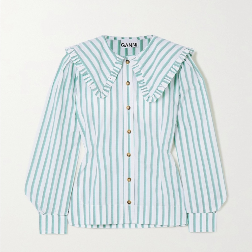 GANNI Feathery striped cotton-poplin blouse EU34